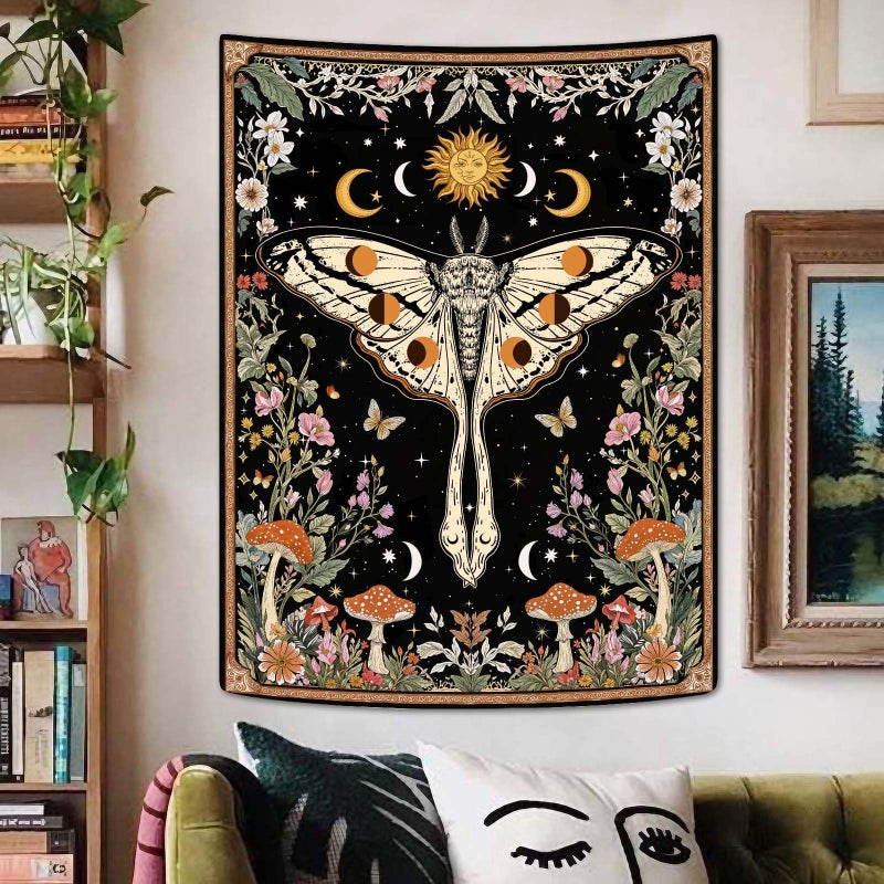 Aipon Boho Moth Tapestry Vintage Floral Flowers Tapestries Aesthetic Retro Mushroom Tapestries for Bedroom Sun and Moon Indie Small Tapestry Wall Hanging for Living Room Dorm 40 x 30 Inch - Image 5