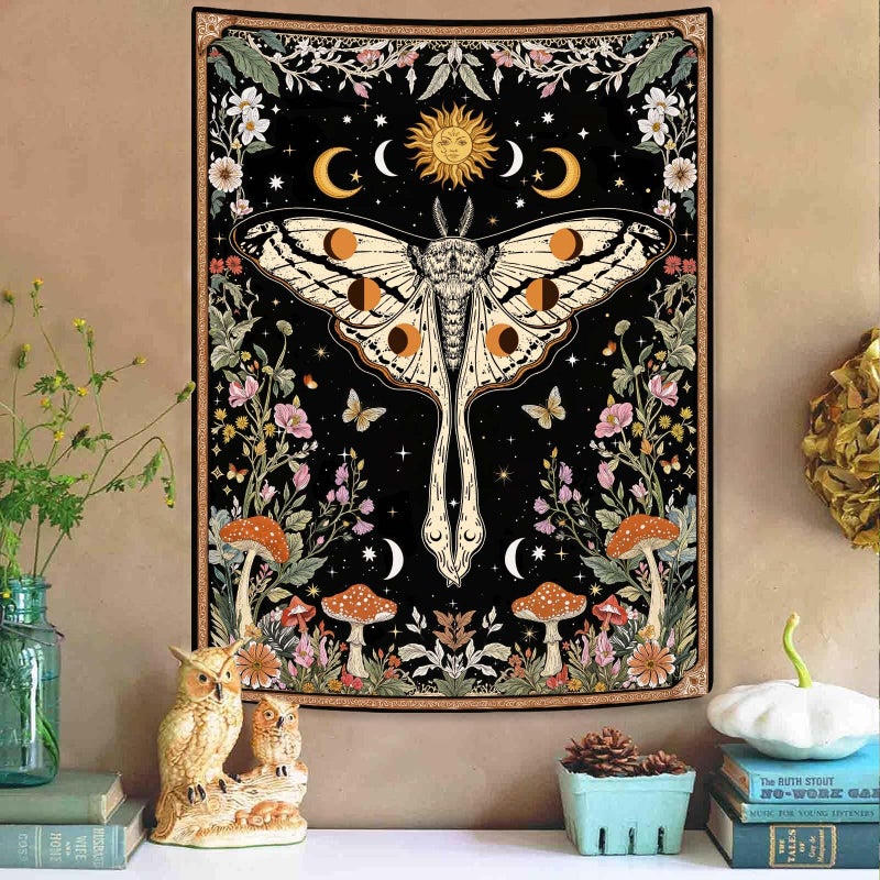 Aipon Boho Moth Tapestry Vintage Floral Flowers Tapestries Aesthetic Retro Mushroom Tapestries for Bedroom Sun and Moon Indie Small Tapestry Wall Hanging for Living Room Dorm 40 x 30 Inch - Image 4