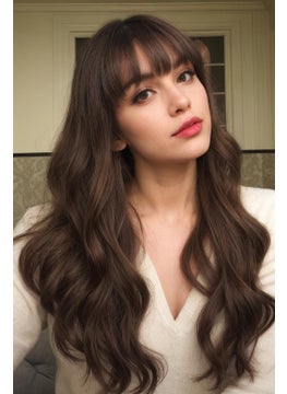 Stamped Glorious Stamped Glorious Brown Wig with Bangs for Women Long Wavy Curly Wigs Synthetic Hair Wig for Girls Party Daily Use 