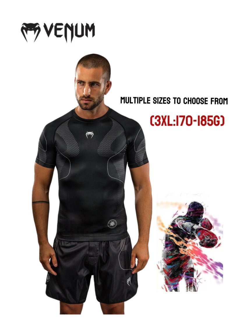 VENUM Black Silver Upgraded Tight Short Sleeve - Quick-Dry Breathable Sports T-Shirt for Fighting Training, Multi-Size Option,Boxing/Muay Thai Fitness Wear (Size 3XL) - Image 1