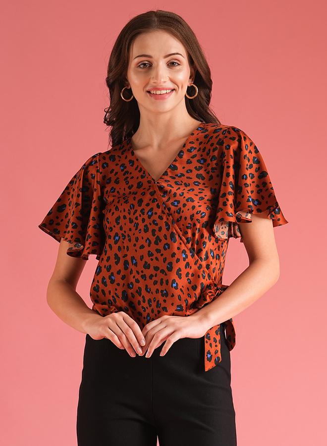 globus Globus Women Brown Animal Print Flared Sleeves Wrap Top  - Image 1