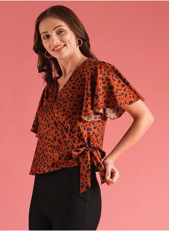 جلو باص Globus Women Brown Animal Print Flared Sleeves Wrap Top