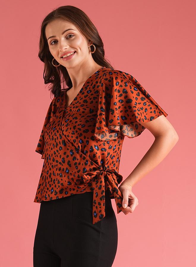 globus Globus Women Brown Animal Print Flared Sleeves Wrap Top  - Image 2