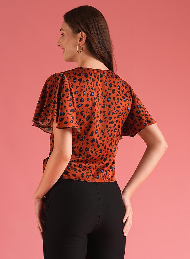 globus Globus Women Brown Animal Print Flared Sleeves Wrap Top  - Image 3