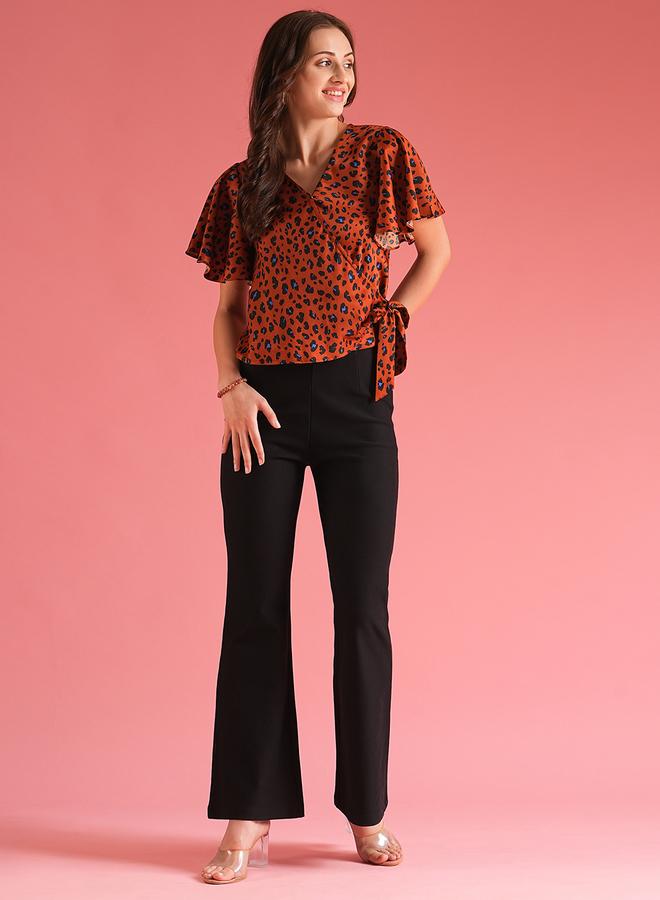 globus Globus Women Brown Animal Print Flared Sleeves Wrap Top  - Image 5