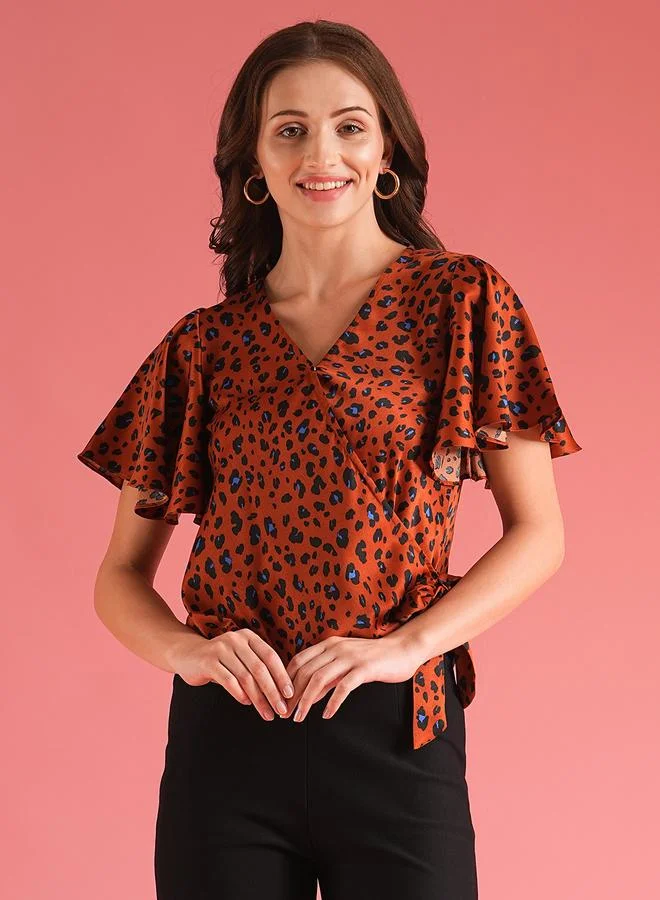 globus Women Brown Animal Print Flared Sleeves Wrap Top