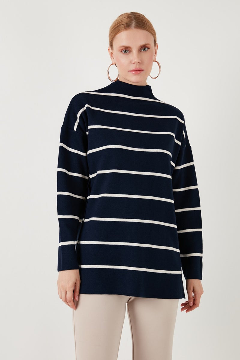 Lela Striped Stand Collar Oversize Knitwear Sweater Women's Sweater 4615197Y  - Image 3