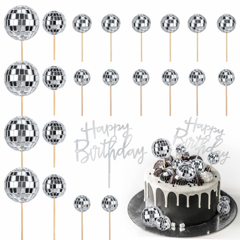 JOERSH 23pcs Disco Ball Cupcake Toppers Happy Birthday Cake Topper - 1970s Disco Ball Cake Picks Disco Theme Cake Decorations for Disco Theme Party 70s Disco Party Favor - Image 1