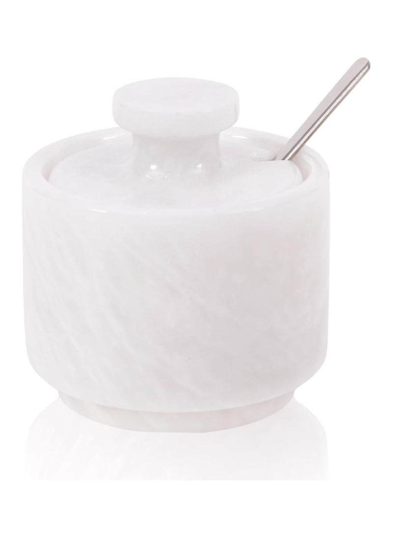 MARBLOUS KRAFTS White Marble Salt Cellar with Lid and Spoon 3 Inch Salt Containers for Countertop, Marble Salt and Pepper Dish with Lid  - Image 1