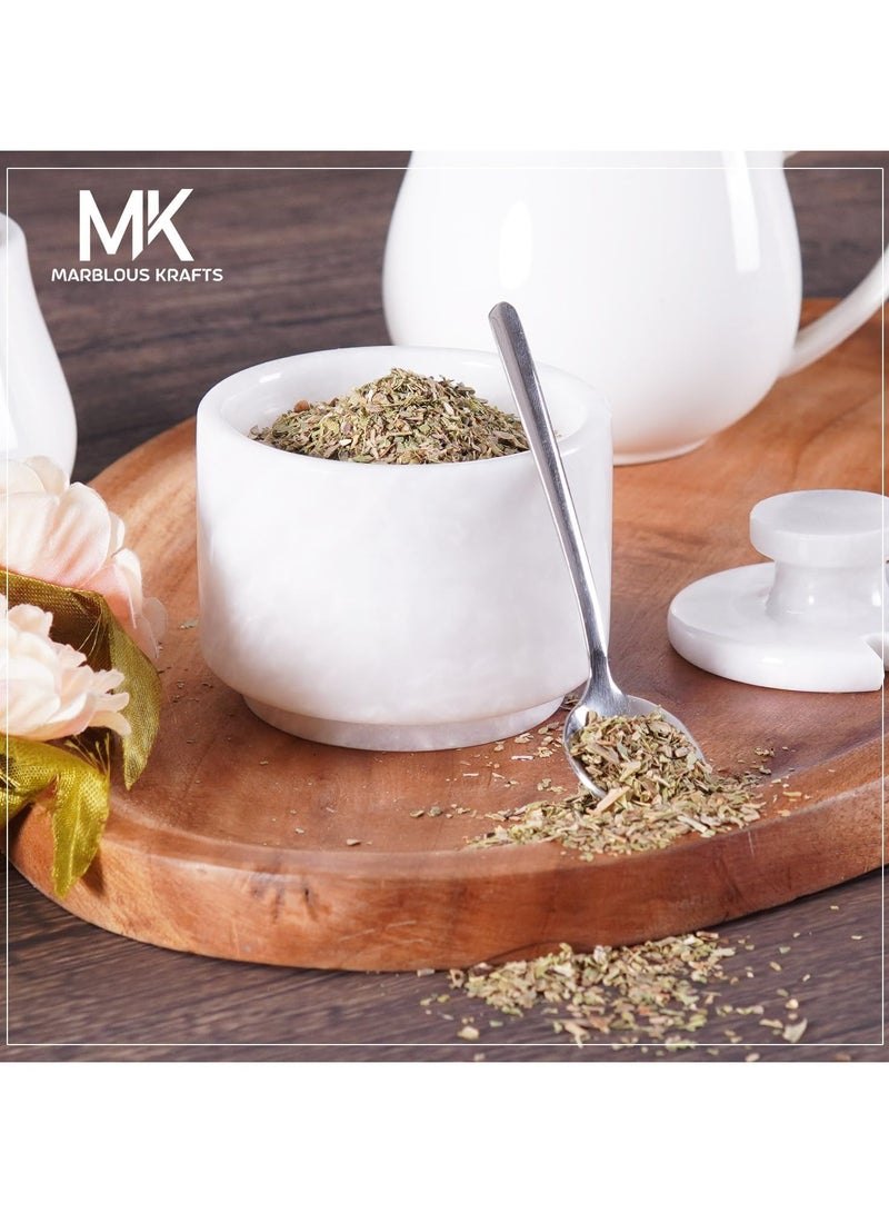 MARBLOUS KRAFTS White Marble Salt Cellar with Lid and Spoon 3 Inch Salt Containers for Countertop, Marble Salt and Pepper Dish with Lid  - Image 2
