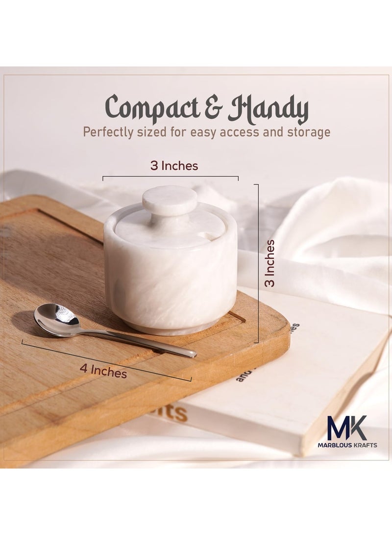 MARBLOUS KRAFTS White Marble Salt Cellar with Lid and Spoon 3 Inch Salt Containers for Countertop, Marble Salt and Pepper Dish with Lid  - Image 3