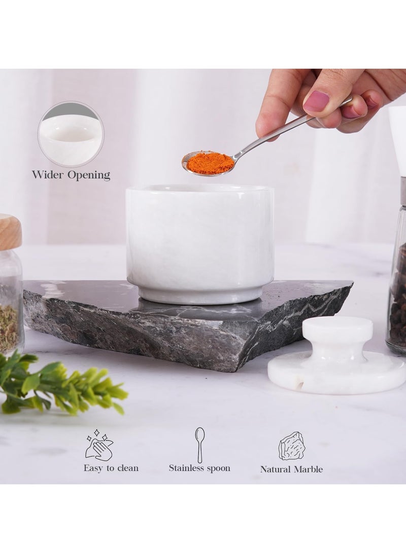 MARBLOUS KRAFTS White Marble Salt Cellar with Lid and Spoon 3 Inch Salt Containers for Countertop, Marble Salt and Pepper Dish with Lid  - Image 4
