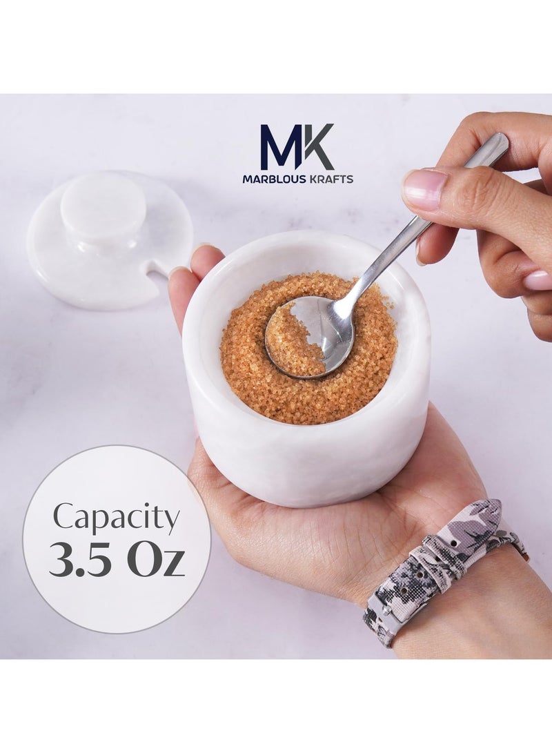 MARBLOUS KRAFTS White Marble Salt Cellar with Lid and Spoon 3 Inch Salt Containers for Countertop, Marble Salt and Pepper Dish with Lid  - Image 5