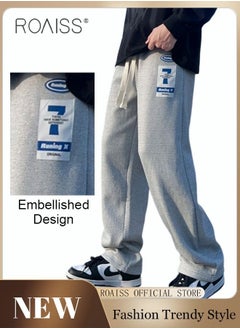 roaiss Men's Sports Long Pants Waffle Fabrics Loose Fit Casual Pants Men Straight Wide-Leg Embroidered Sweatpants Comfortable Soft Trousers with Elastic Waistband Grey  - Image 1