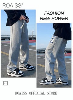 roaiss Men's Sports Long Pants Waffle Fabrics Loose Fit Casual Pants Men Straight Wide-Leg Embroidered Sweatpants Comfortable Soft Trousers with Elastic Waistband Grey  - Image 3