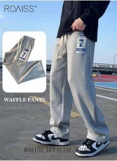 roaiss Men's Sports Long Pants Waffle Fabrics Loose Fit Casual Pants Men Straight Wide-Leg Embroidered Sweatpants Comfortable Soft Trousers with Elastic Waistband Grey  - Image 4