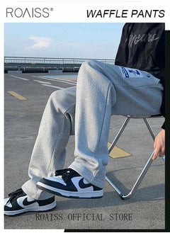 roaiss Men's Sports Long Pants Waffle Fabrics Loose Fit Casual Pants Men Straight Wide-Leg Embroidered Sweatpants Comfortable Soft Trousers with Elastic Waistband Grey  - Image 2