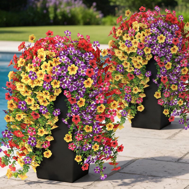 VIERENA 4 Bundles Artificial Hanging Morning Glory Flowers for Outdoor Realistic Hanging Flowers Silk Fake Morning Glory with Faux Eucalyptus for Yard Garden Porch Patio Balcony Home Decor Mixed Color - Image 2