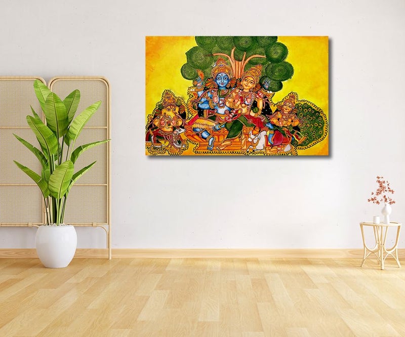 Sikhash Kerala Mural Canvas Painting | Lord Shiva Parivar | Traditional Indian Religious Wall Art for Puja Room, Temple & Home Decor 23X15 Inches Unframed. - Image 2