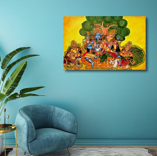 Sikhash Kerala Mural Canvas Painting | Lord Shiva Parivar | Traditional Indian Religious Wall Art for Puja Room, Temple & Home Decor 23X15 Inches Unframed. - Image 3