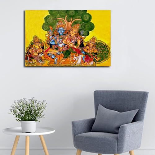 Sikhash Kerala Mural Canvas Painting | Lord Shiva Parivar | Traditional Indian Religious Wall Art for Puja Room, Temple & Home Decor 23X15 Inches Unframed. - Image 4