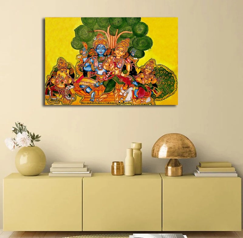 Sikhash Kerala Mural Canvas Painting | Lord Shiva Parivar | Traditional Indian Religious Wall Art for Puja Room, Temple & Home Decor 23X15 Inches Unframed. - Image 1