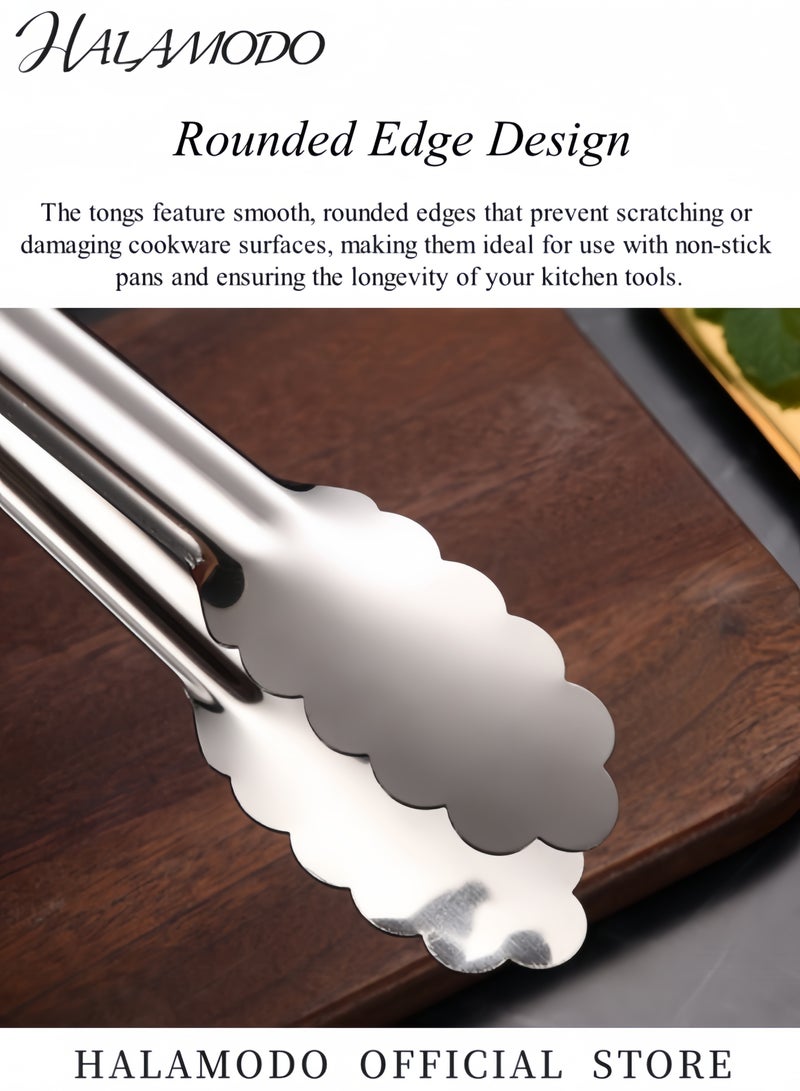 هالامودو ملقط من الفولاذ المقاوم للصدأ مقاس 9 بوصات مع حواف متعرجة، ملقط مطبخ مقاوم للحرارة، ملقط شواء للمقالي، قبضة قوية، التقاط الطعام، سلطة، مقلاة هوائية، آمن للغسل في غسالة الأطباق - Image 3