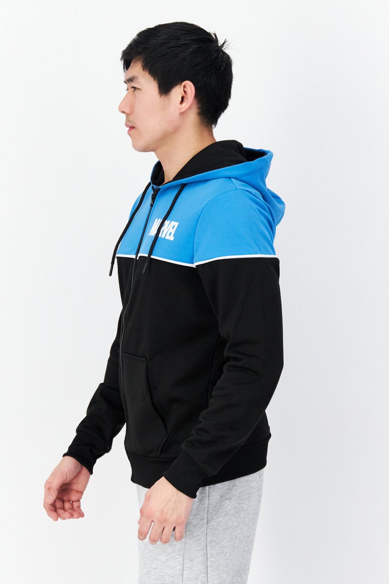 DIFUZED سويت شيرت بقلنسوة بأكمام طويلة مختلطة الألوان للرجال، أسود/أزرق - Image 3