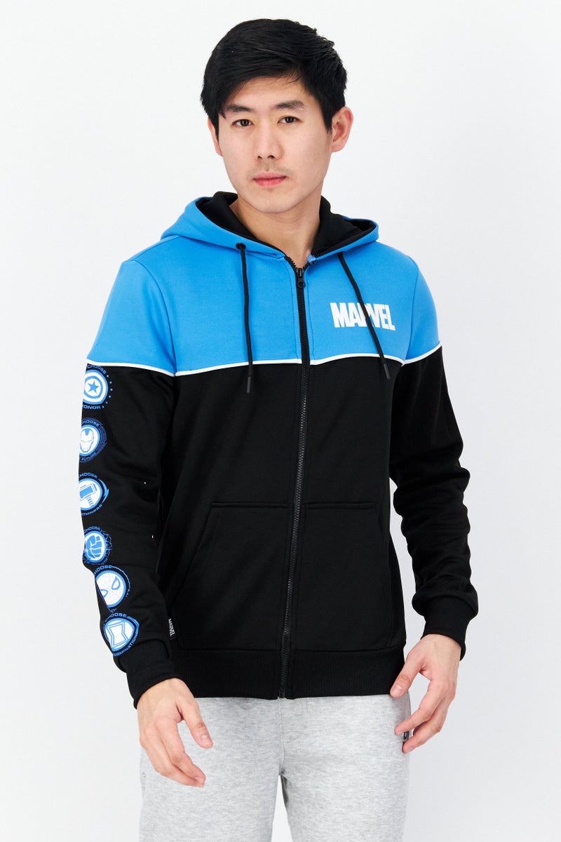 DIFUZED سويت شيرت بقلنسوة بأكمام طويلة مختلطة الألوان للرجال، أسود/أزرق - Image 1