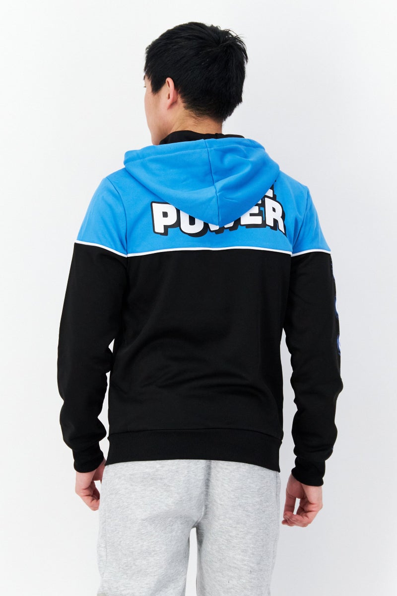 DIFUZED سويت شيرت بقلنسوة بأكمام طويلة مختلطة الألوان للرجال، أسود/أزرق - Image 2