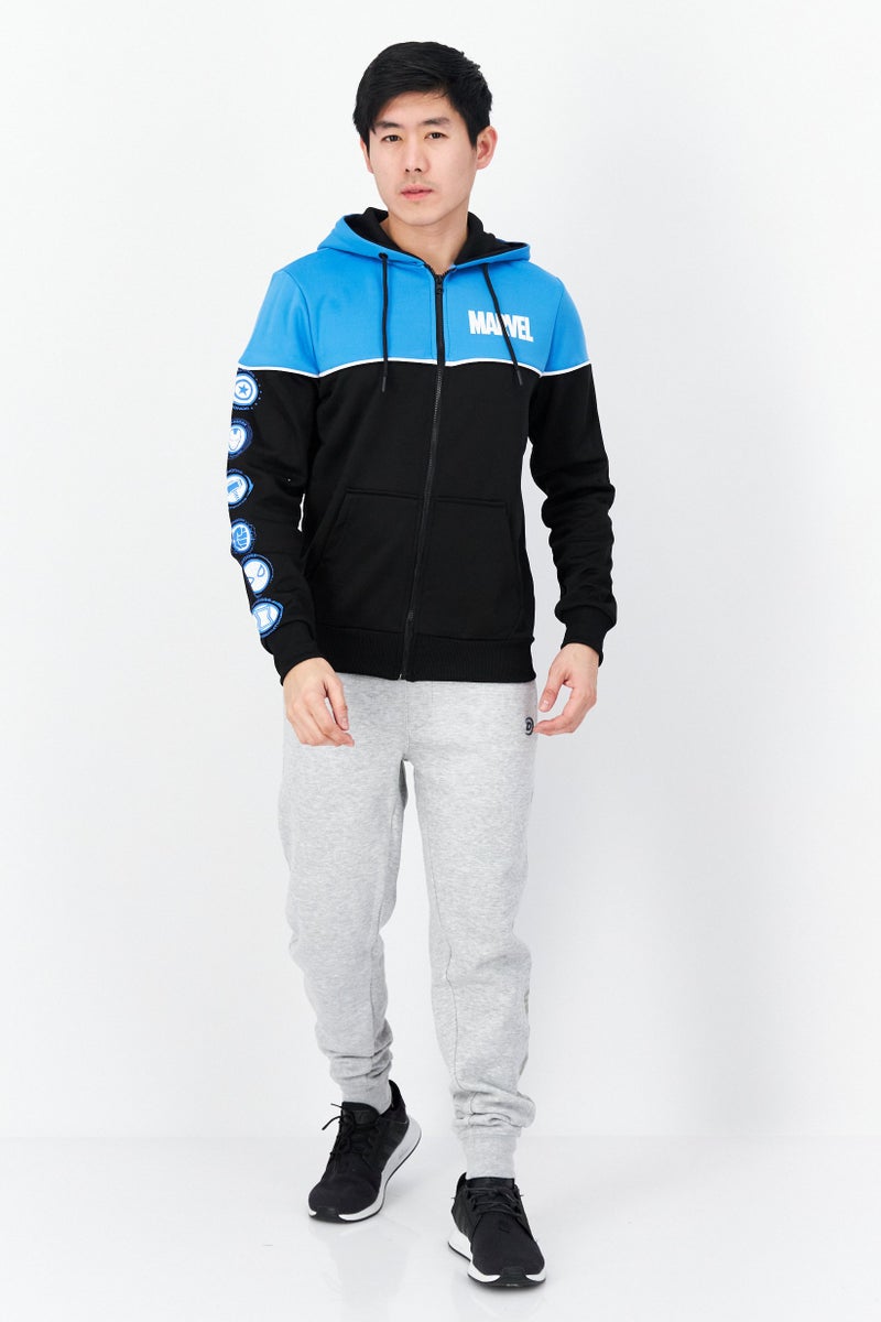 DIFUZED سويت شيرت بقلنسوة بأكمام طويلة مختلطة الألوان للرجال، أسود/أزرق - Image 4