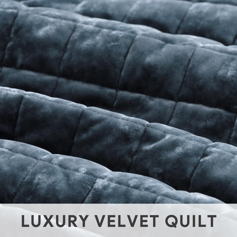 RECYCO Luxury Velvet Quilt Set, California King 118'' x 106'' Oversized Bedspread, Ultra Soft Velvet Comforter, Lightweight Box Stitch Bedding Sets for All Season, with 2 Shams, Stormy Blue - Image 5