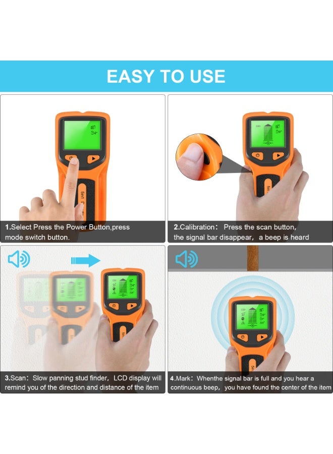 5-in-1 Wall Scanner, Compatible with Home Walls & Ceilings, Multifunction Stud Detector for Wood, Metal, AC Wires, LCD Display, Safe Drilling & Installation Tool (Orange) - Image 5