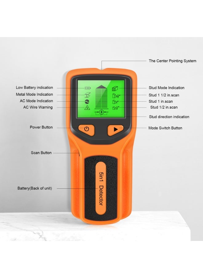 5-in-1 Wall Scanner, Compatible with Home Walls & Ceilings, Multifunction Stud Detector for Wood, Metal, AC Wires, LCD Display, Safe Drilling & Installation Tool (Orange) - Image 2