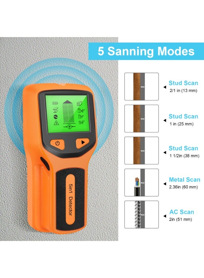 5-in-1 Wall Scanner, Compatible with Home Walls & Ceilings, Multifunction Stud Detector for Wood, Metal, AC Wires, LCD Display, Safe Drilling & Installation Tool (Orange) - Image 3
