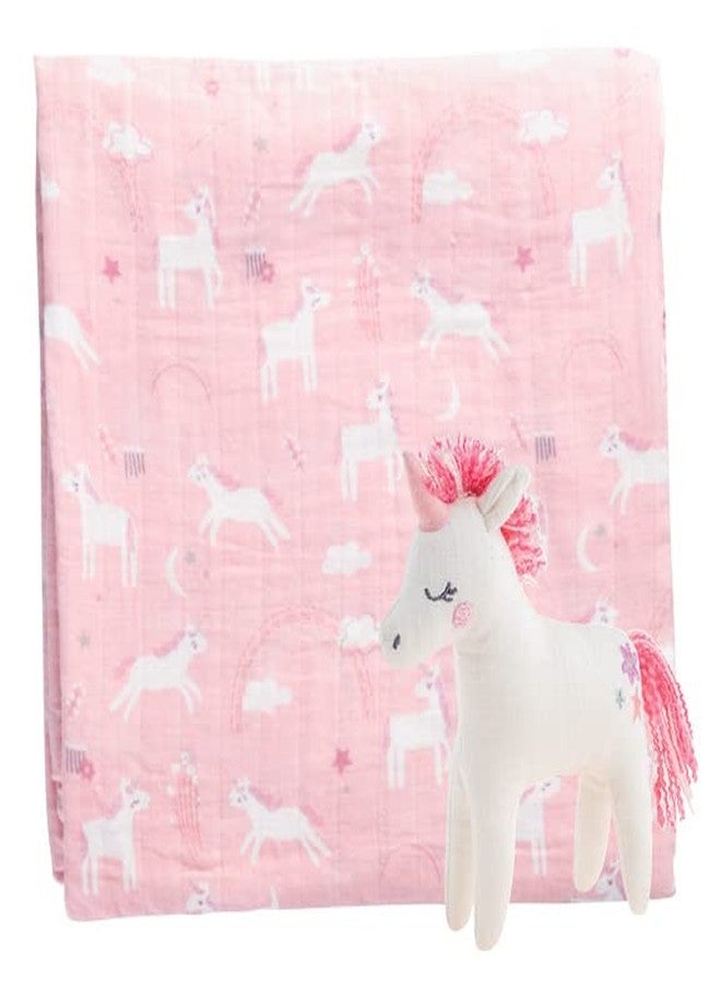 Stephen Joseph, Muslin Blanket and Stuffed Animal, Unicorn, Pink - Image 1