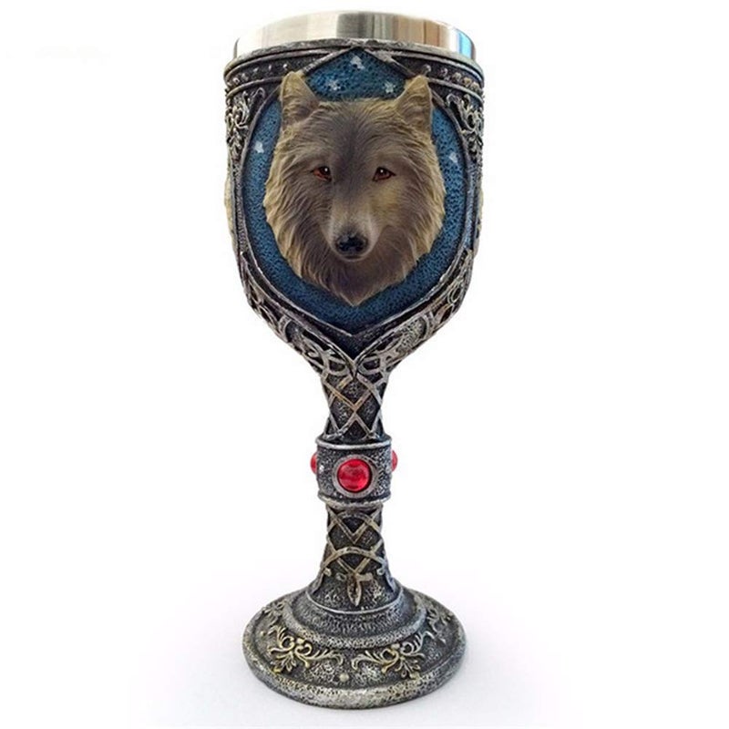 Tvoip Horrible Resin Stainless Steel Skull Goblet Retro Claw Wine Glass Gothic Cocktail Glasses Wolf Whiskey Cup Party Bar Drinkware Wolf Head