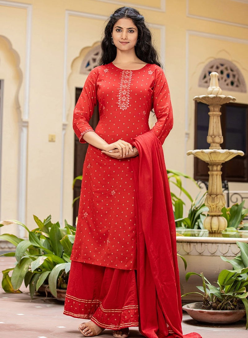 Swadesh Souq Red Gold Printed Cotton Kurta Sharara Set with Dupatta  - Image 3
