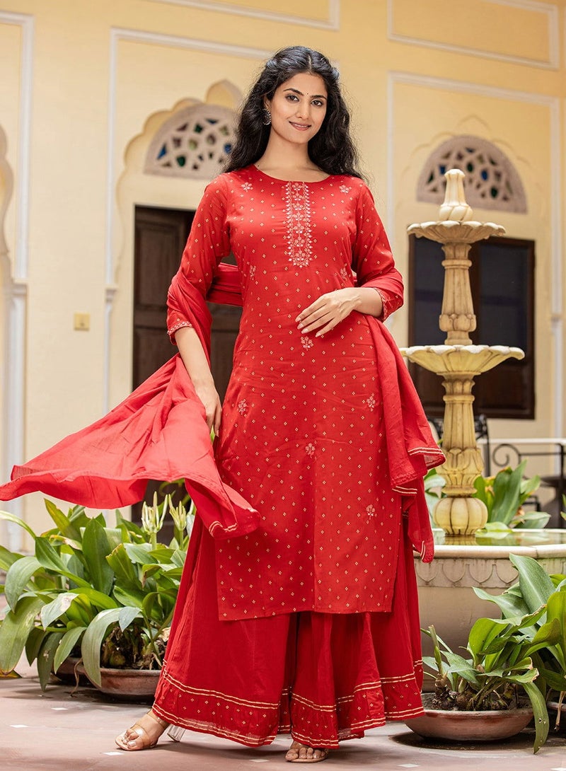 Swadesh Souq Red Gold Printed Cotton Kurta Sharara Set with Dupatta  - Image 1