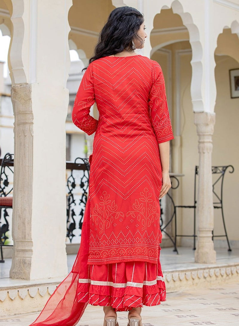 Swadesh Souq Red Gold Printed Cotton Kurta Sharara Set with Dupatta  - Image 4