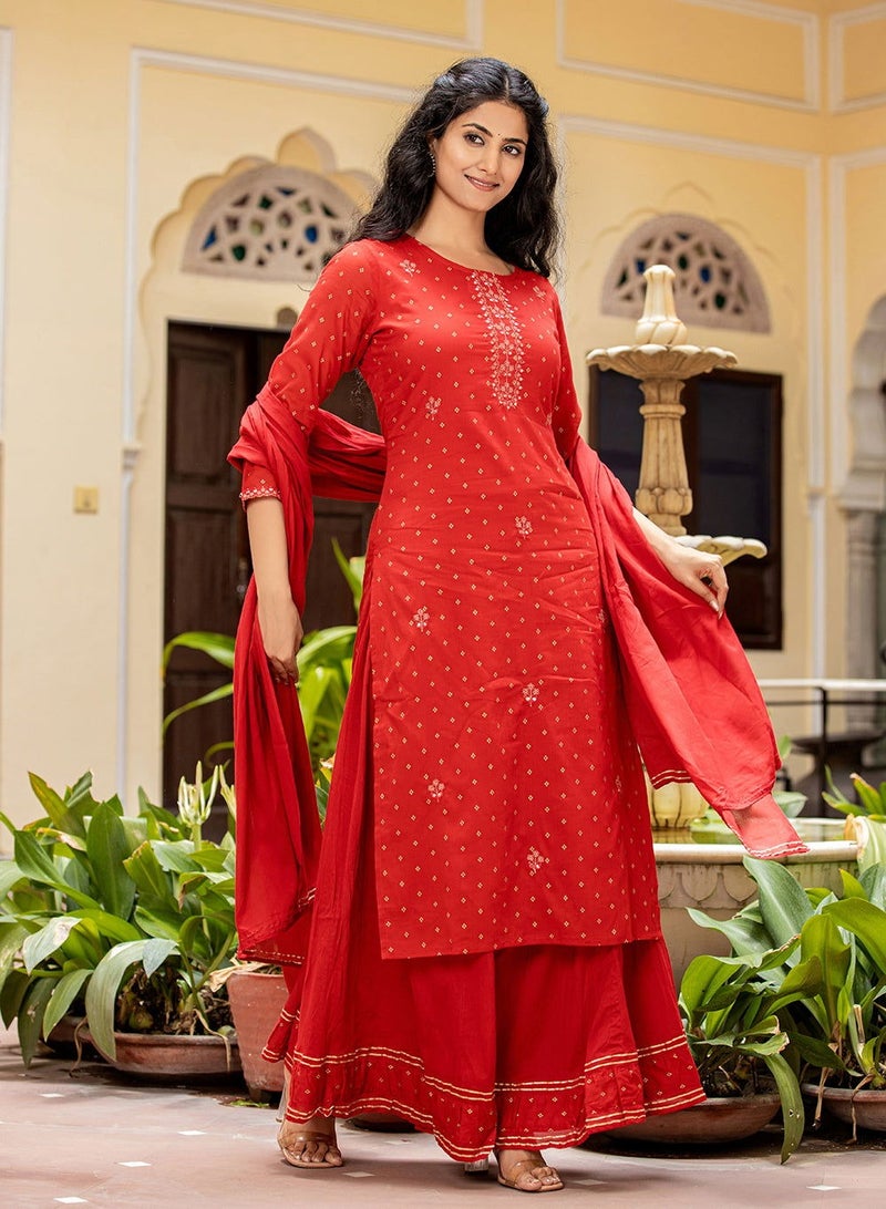 Swadesh Souq Red Gold Printed Cotton Kurta Sharara Set with Dupatta  - Image 5