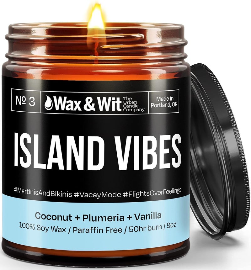 WAX & WIT Funny Candles, Scented Soy Candle Infused with Coconut, Plumeria & Vanilla - Gifts for Mom, Funny Gifts for Women, Housewarming Gifts - (1) 9oz Candle (Island Vibe) - Image 1