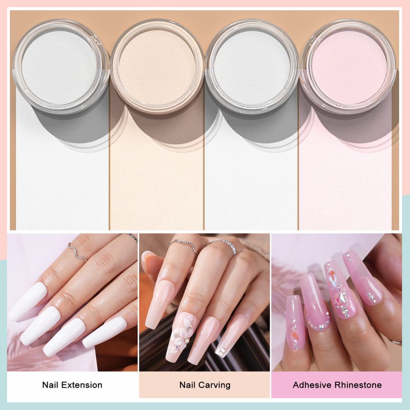 Morovan Acrylic Nail Powder Set: 4 Colors Clear Nude Pink White Acrylic Powder for Nail Extension Carving - Image 2