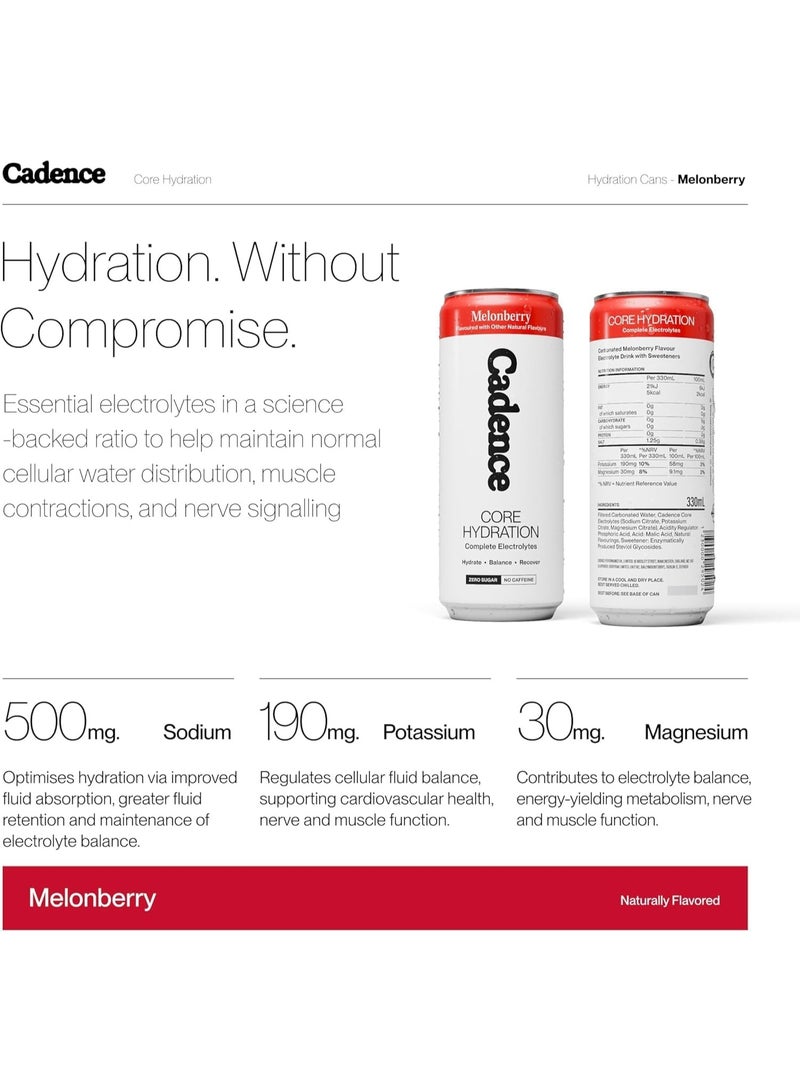 Cadence Core Electrolyte Hydration Drink - Sugar Free, Zero Caffeine - Melonberry , 12 x 330ml Cans - Image 3