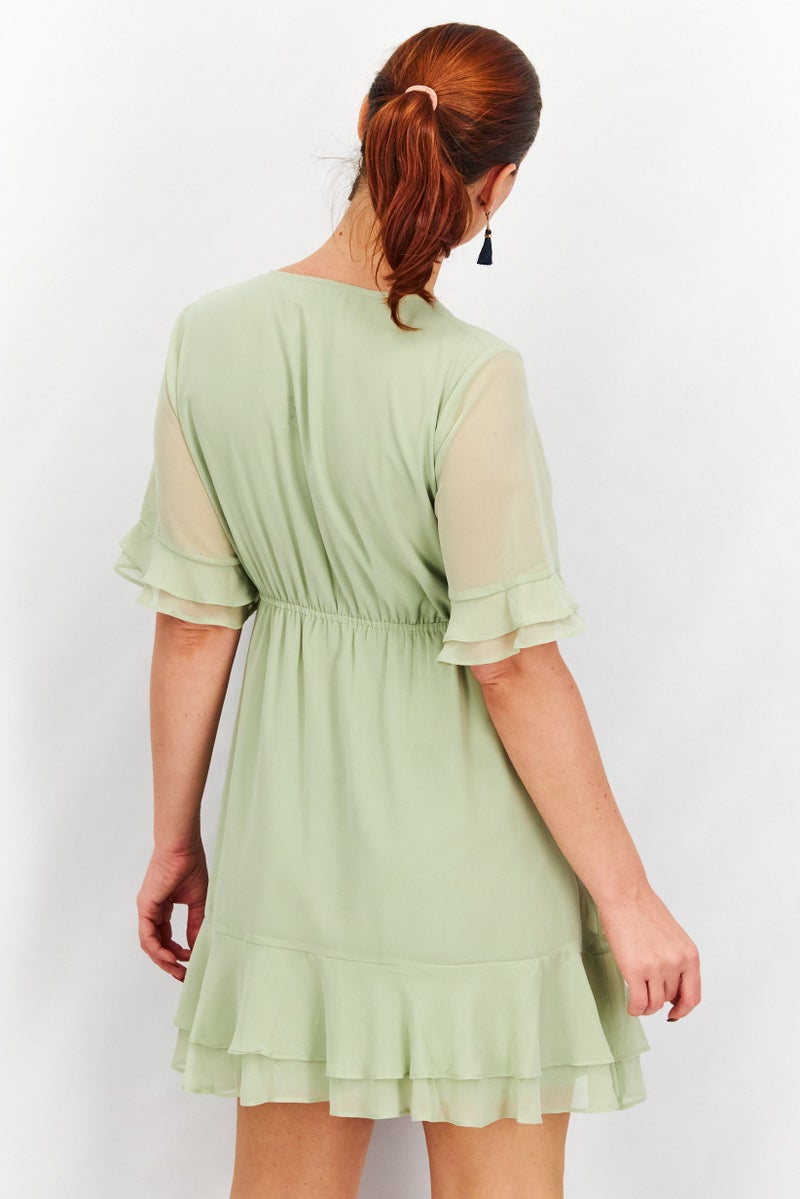 NA-KD Women Tie Front Sheer Tiered Sleeve Casual Mini Dress, Olive - Image 2