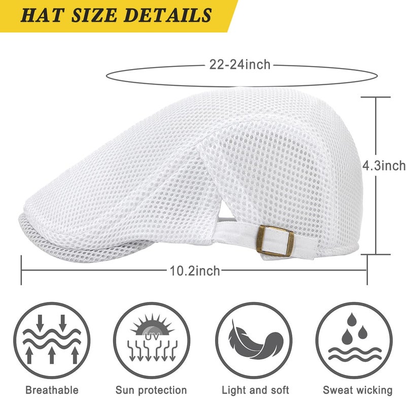 Xinveen Men's Mesh Cap Breathable Summer Newsboy Hat Adjustable Beret Ivy Cap Irish Cabbie Driving Hunting Hats White - Image 4