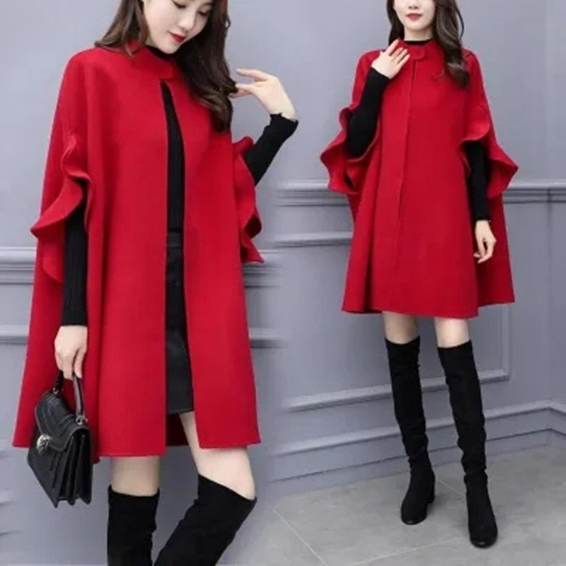 Simple Large Size Mid-Length Woolen Outwear Women'S Loose Pure Color British Style A-Line Cape Woolen Outwear - Image 1