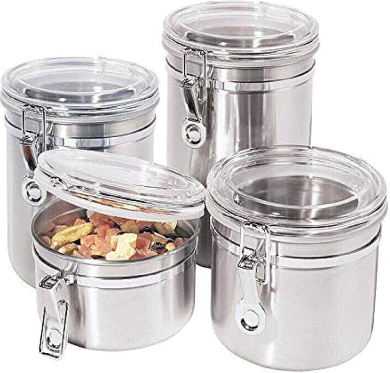 طقم علب تخزين من الفولاذ المقاوم للصدأ من أوجي مكون من 4 قطع مع غطاء ومشبك من الأكريليك