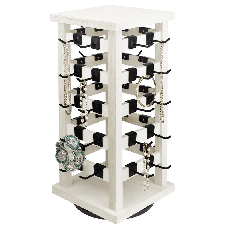 Ikee Design 5 Tiers Easy Assemble Wood Rotating Jewelry Display Tower With 42 Removabl HooksSpinning Earring Card Storage Display Stand for Store Showcase Tradeshow and Home Wash White Color