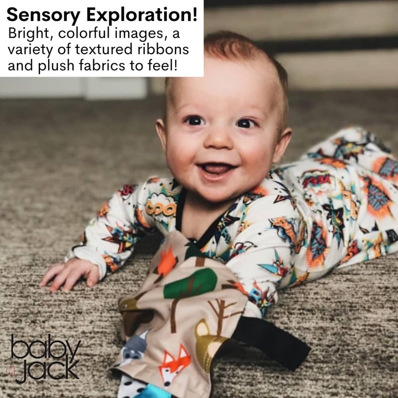 The Learning Lovey Baby Jack & Co 8x8” Forest Woodland Animal Lovey Tag Toys for Babies - Crinkle Toys for Developing 5 Senses - Soft & Safe - Learn Shapes & Colors - Soother & Tummy Time - BPA Free w/Stroller Clip - Image 4